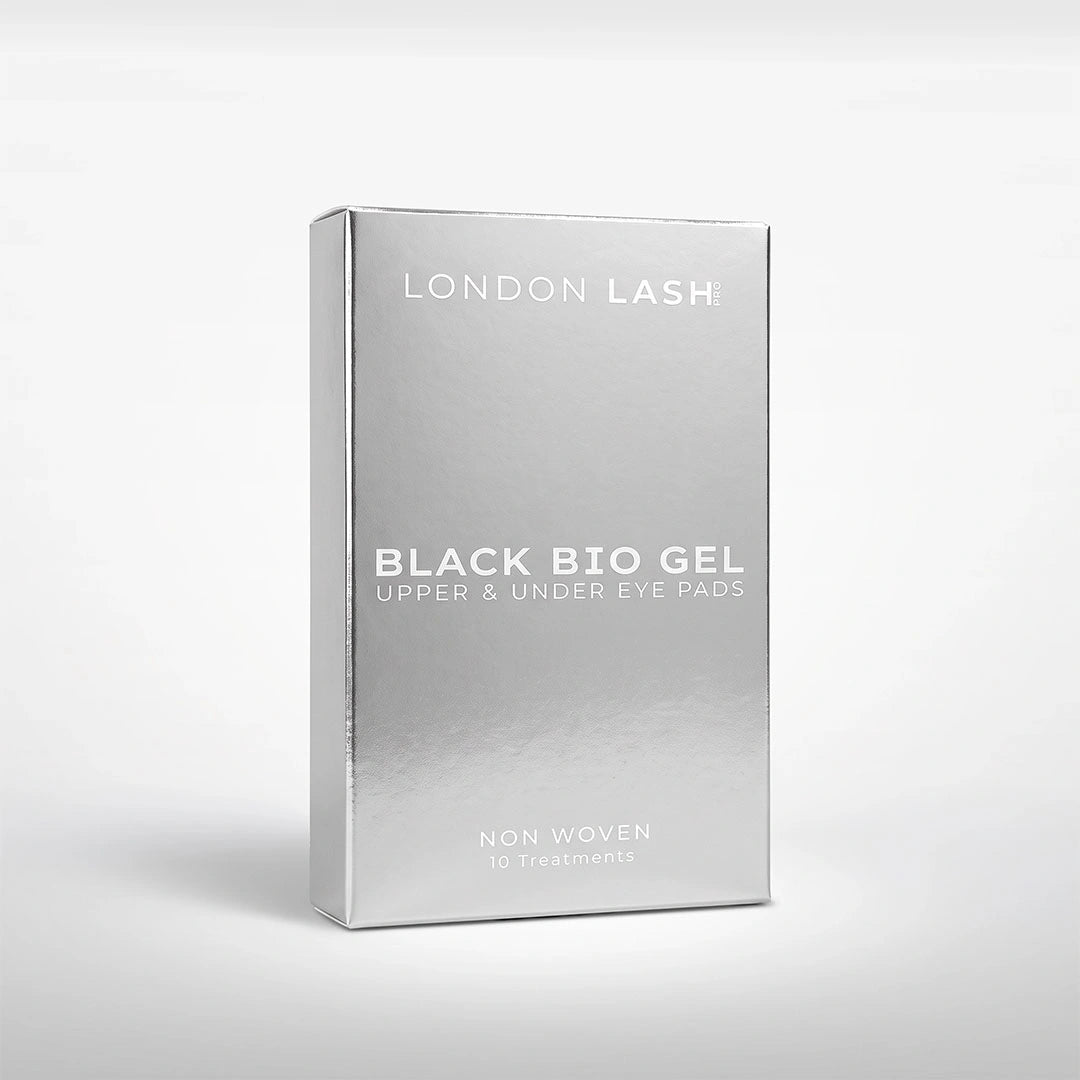 Angled perspective view of the silver London Lash Black Bio Gel Upper &amp; Under Eye Pads 10-treatment packaging box.