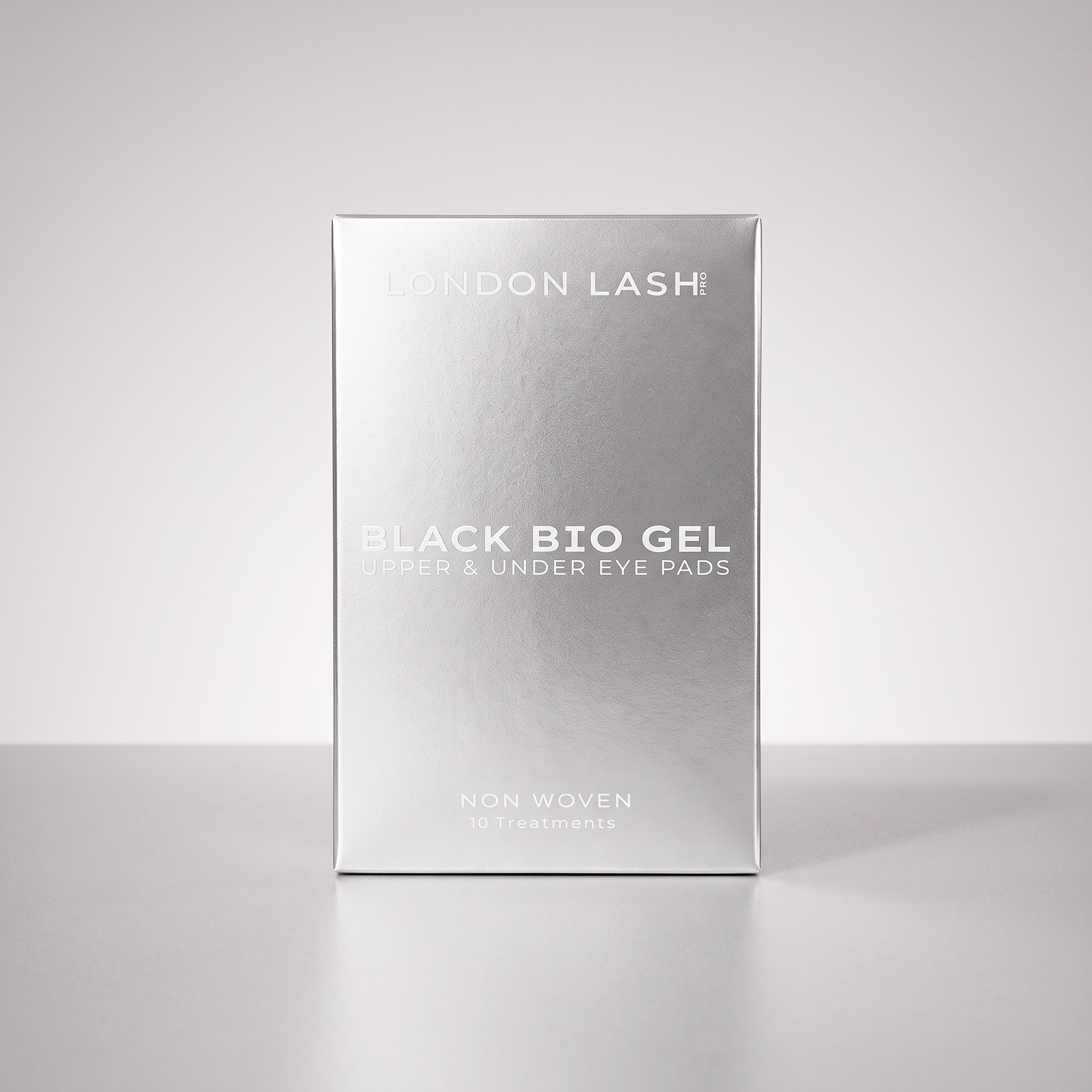 Front view of the metallic silver London Lash Black Bio Gel Upper & Under Eye Pads product box on a plain studio background.