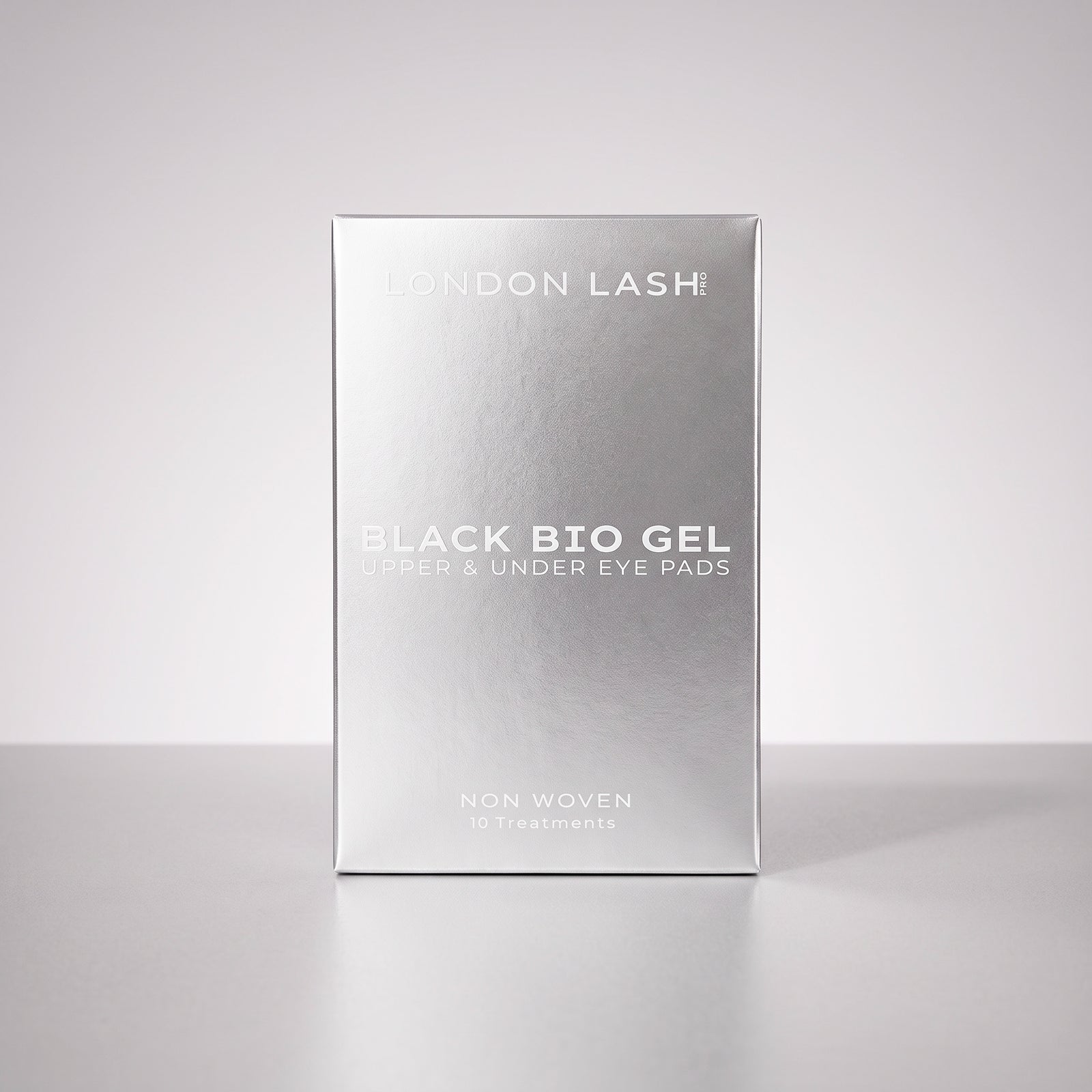 Front view of the metallic silver London Lash Black Bio Gel Upper & Under Eye Pads product box on a plain studio background.
